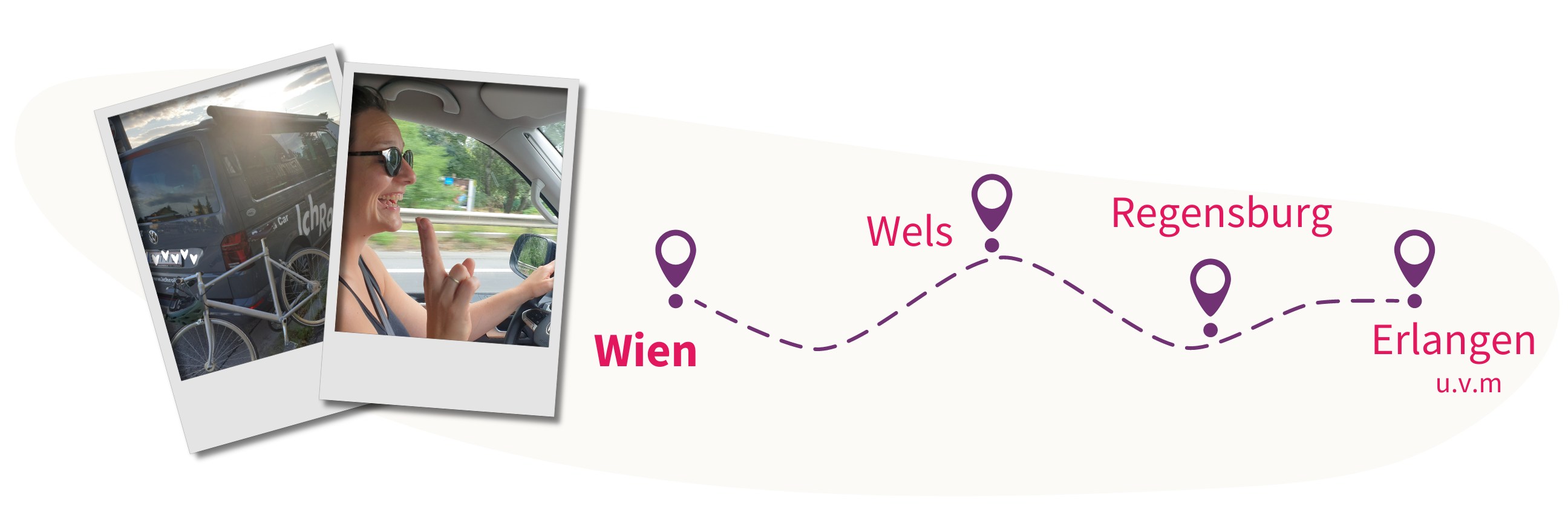 links zwei Polaroidfotos im Hochformat. Sie zeigen einen VW Bus und ein Rennrad und eine Frau die gerade ein Autp steuert aus der Perspektive des Beifahrers. Rechts die strichlierte Skizze einer Reiseroute in lina, deren Zwischenstationen in pink mit Wien, Wels, Regensburg, Erlangen u.v.m. betitelt sind.
